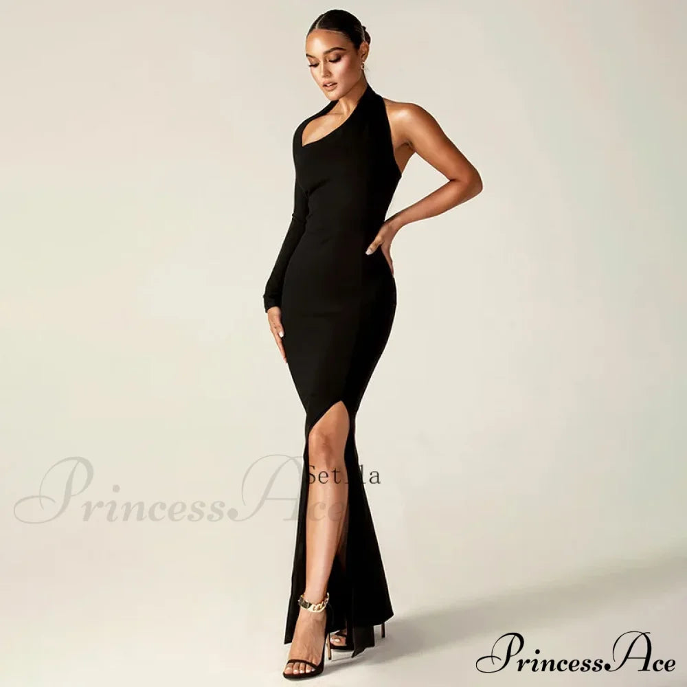 One Shoulder Split Long Sleeve Vestido Gown Maxi Dress