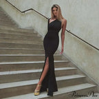 One Shoulder Split Long Sleeve Vestido Gown Maxi Dress