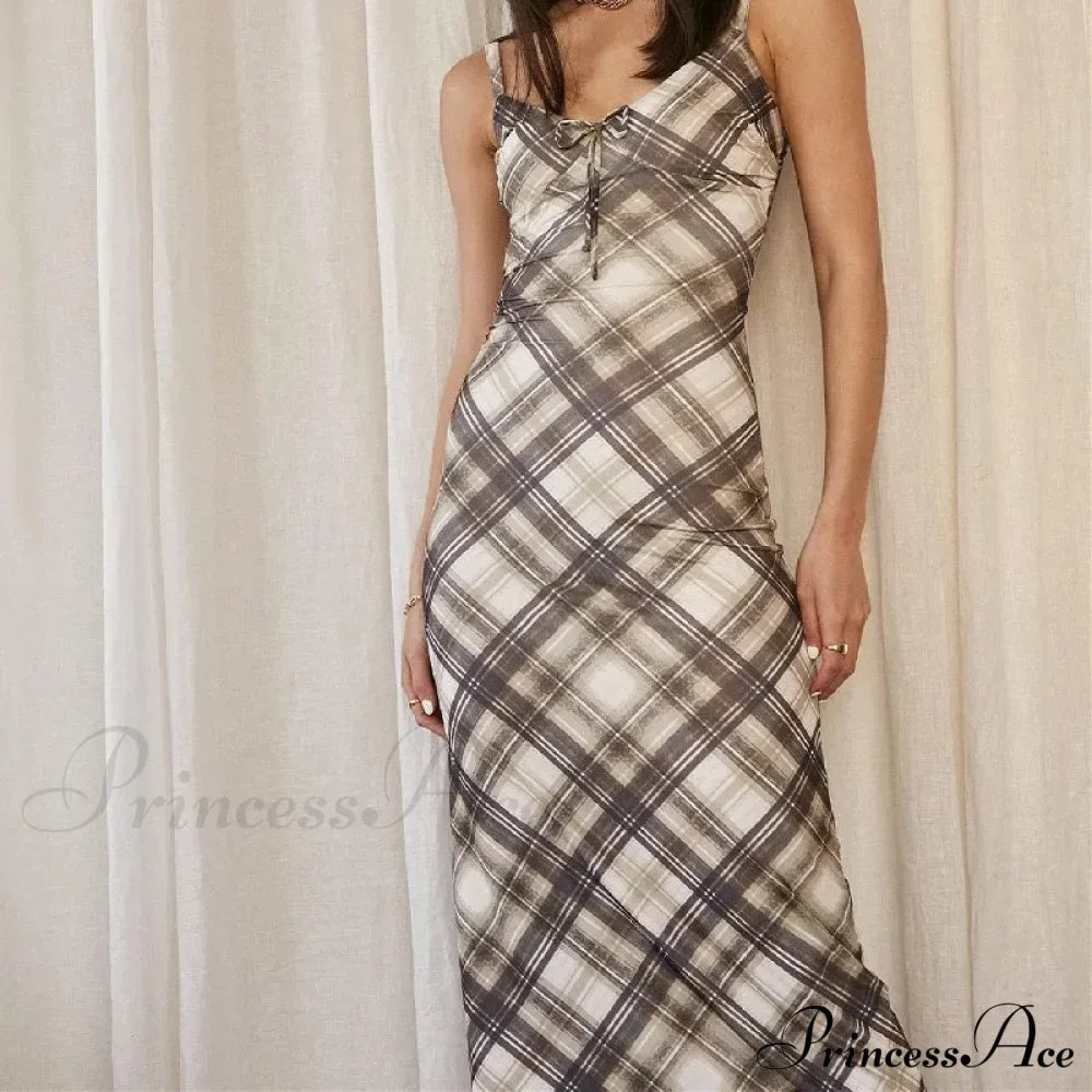 Plaid Print Outfits Maxi Dress