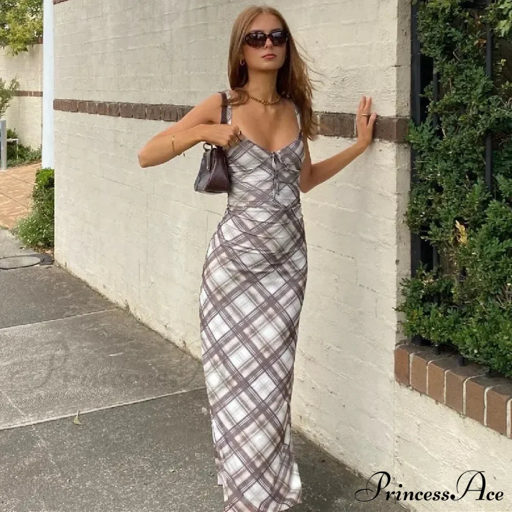 Plaid Print Outfits Maxi Dress