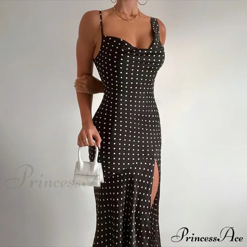 Polka Dots Draped Backless Maxi Dress