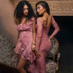 Print Bandage Corset Long Sleeve Fall Lace Clothes Midi Dress