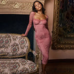 Print Bandage Corset Long Sleeve Fall Lace Clothes Midi Dress