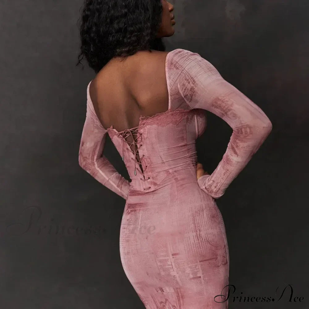 Print Bandage Corset Long Sleeve Fall Lace Clothes Midi Dress
