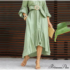 Ruffle Shirt Casual V Neck Lantern Sleeve With Pocket Long Skirt Spring Lady Streetwear Midi Dress