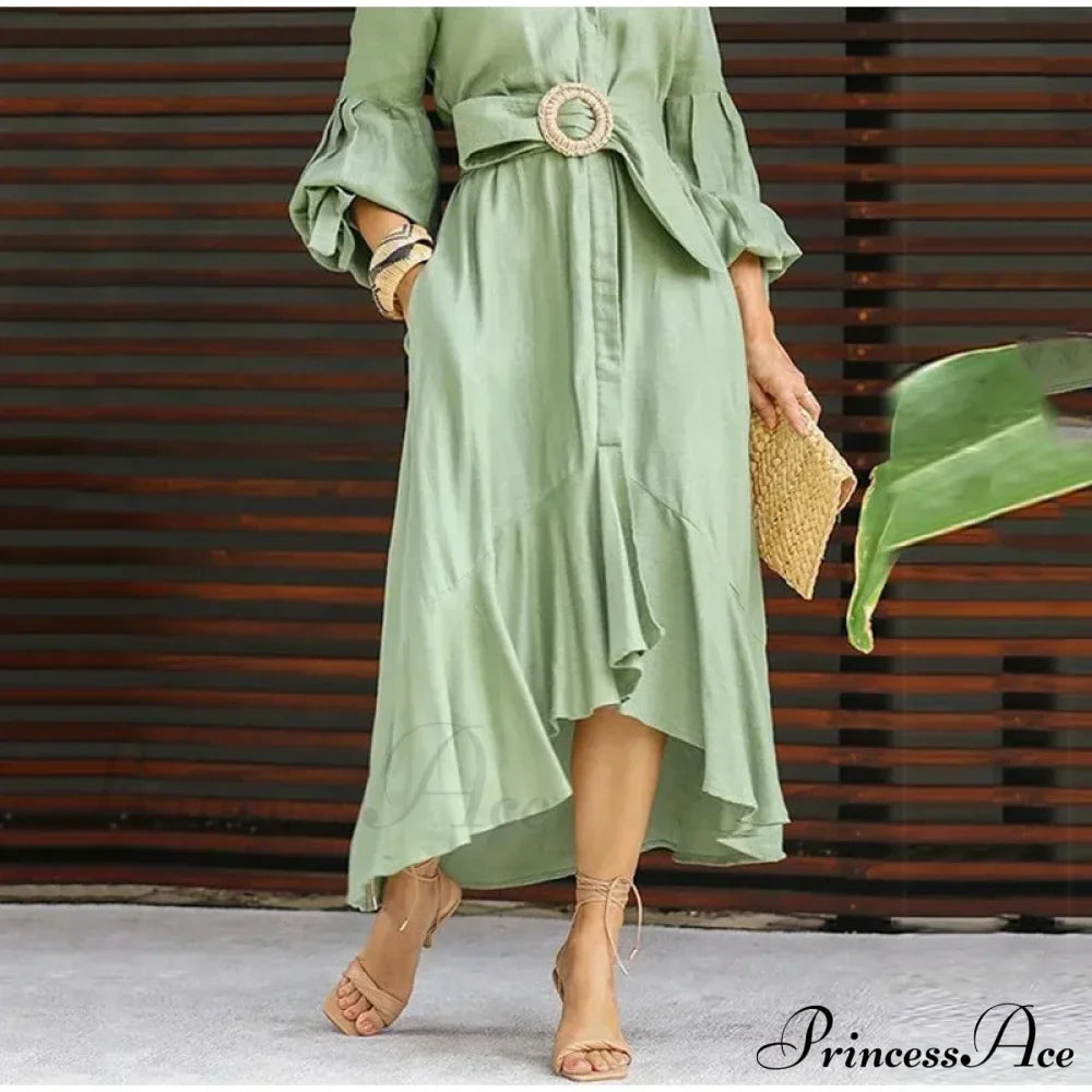 Ruffle Shirt Casual V Neck Lantern Sleeve With Pocket Long Skirt Spring Lady Streetwear Midi Dress