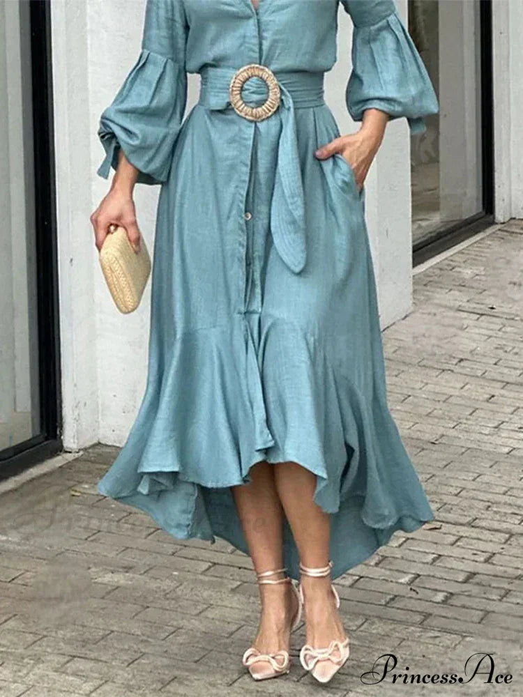 Ruffle Shirt Casual V Neck Lantern Sleeve With Pocket Long Skirt Spring Lady Streetwear Midi Dress