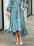 Ruffle Shirt Casual V Neck Lantern Sleeve With Pocket Long Skirt Spring Lady Streetwear Midi Dress
