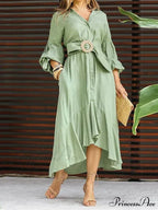 Ruffle Shirt Casual V Neck Lantern Sleeve With Pocket Long Skirt Spring Lady Streetwear Midi Dress