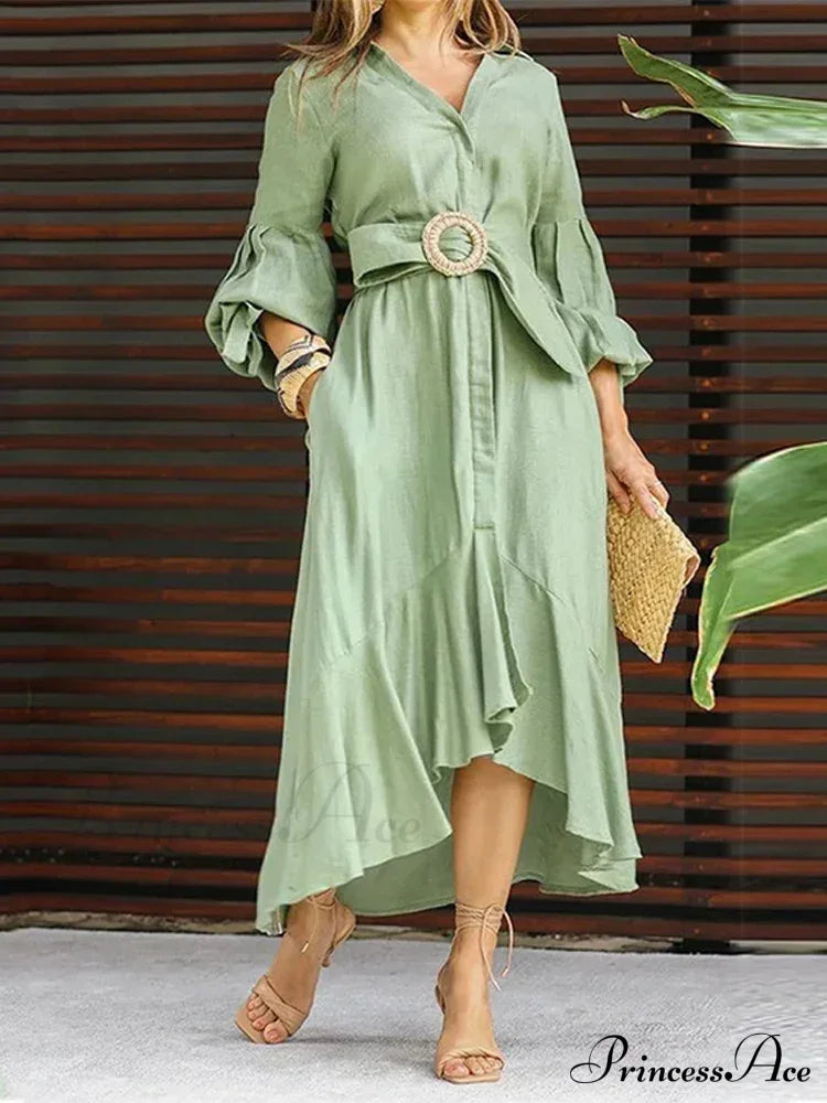 Ruffle Shirt Casual V Neck Lantern Sleeve With Pocket Long Skirt Spring Lady Streetwear Midi Dress