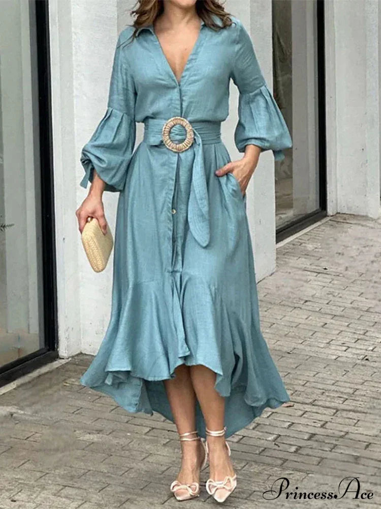 Ruffle Shirt Casual V Neck Lantern Sleeve With Pocket Long Skirt Spring Lady Streetwear Midi Dress