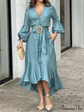 Ruffle Shirt Casual V Neck Lantern Sleeve With Pocket Long Skirt Spring Lady Streetwear Midi Dress