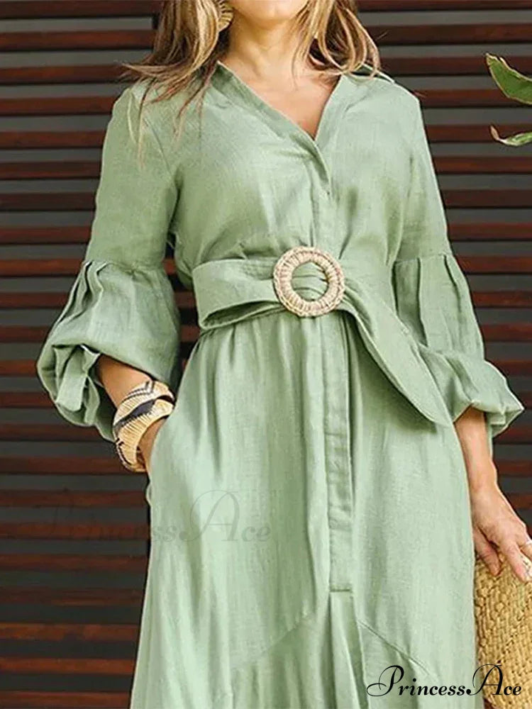 Ruffle Shirt Casual V Neck Lantern Sleeve With Pocket Long Skirt Spring Lady Streetwear Midi Dress
