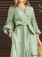 Ruffle Shirt Casual V Neck Lantern Sleeve With Pocket Long Skirt Spring Lady Streetwear Midi Dress