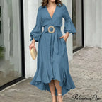 Ruffle Shirt Casual V Neck Lantern Sleeve With Pocket Long Skirt Spring Lady Streetwear Midi Dress