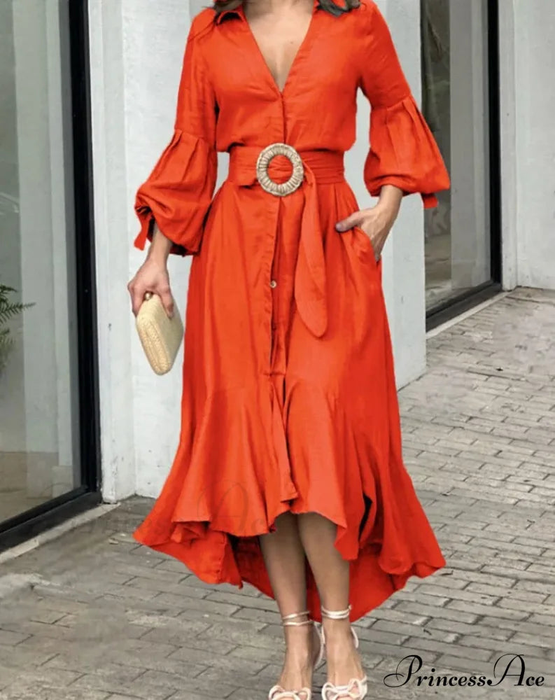 Ruffle Shirt Casual V Neck Lantern Sleeve With Pocket Long Skirt Spring Lady Streetwear Midi Dress