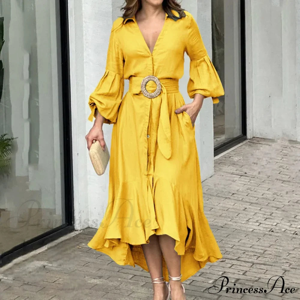 Ruffle Shirt Casual V Neck Lantern Sleeve With Pocket Long Skirt Spring Lady Streetwear Midi Dress
