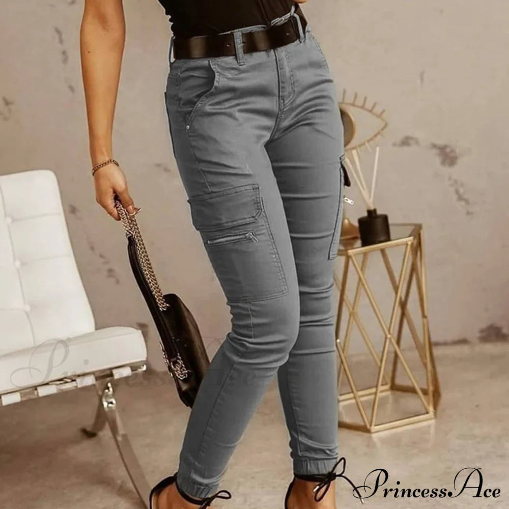 Solid Color Casual Pocket Button Zipper Slim Trousers