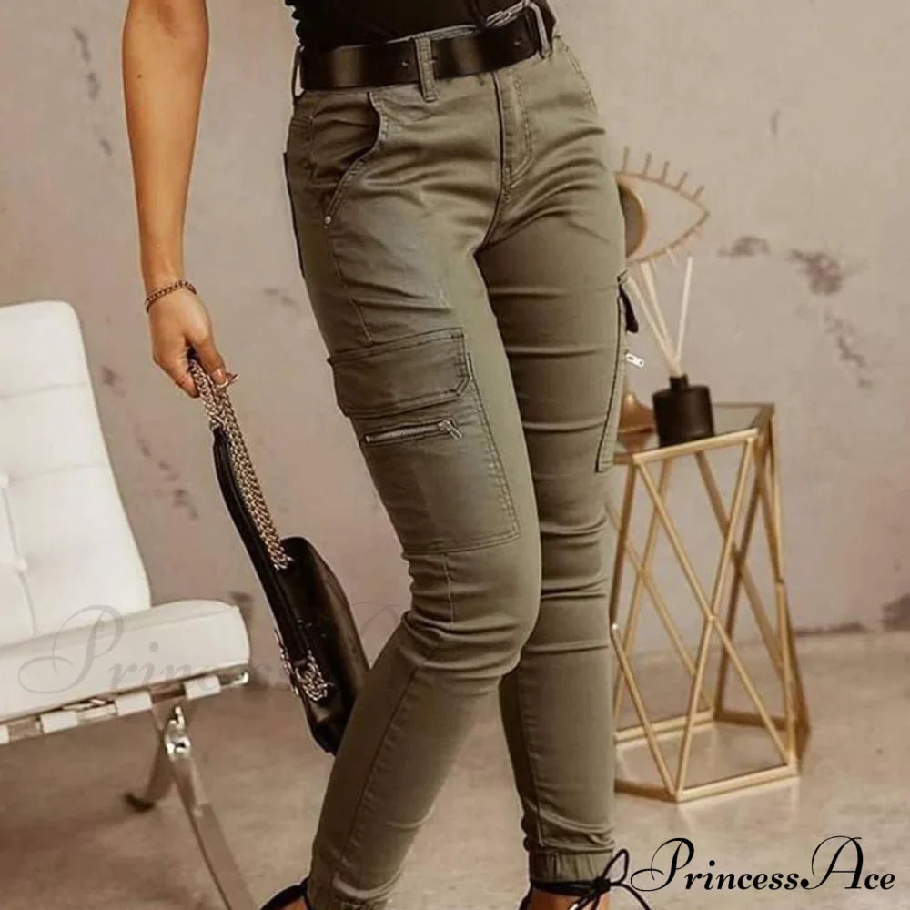 Solid Color Casual Pocket Button Zipper Slim Trousers