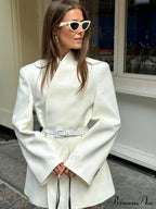 Solid Stand Collar Loose Long Shoulder Pads Full Sleeves Stylish Coat