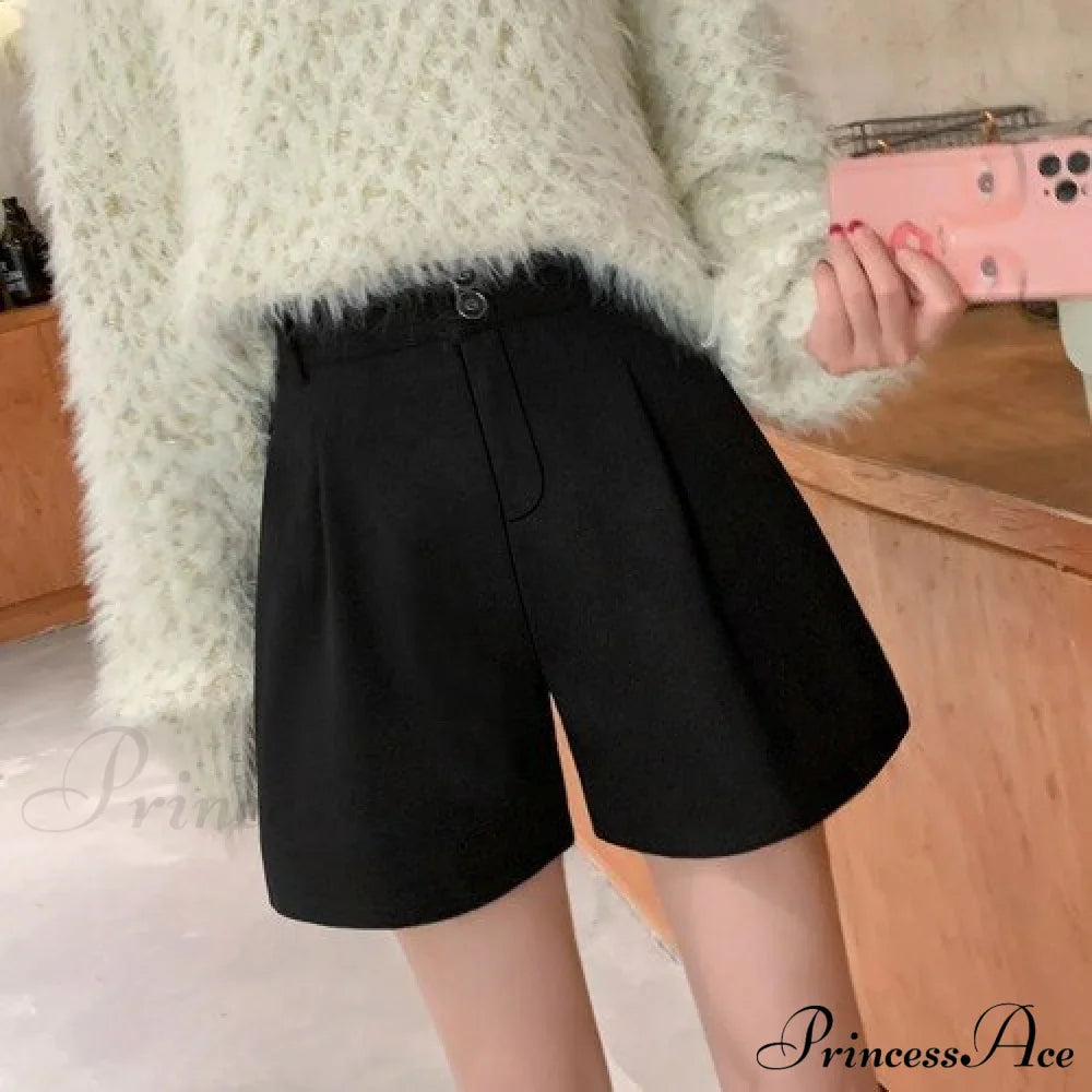 Solid Wide Leg Woolen Shorts