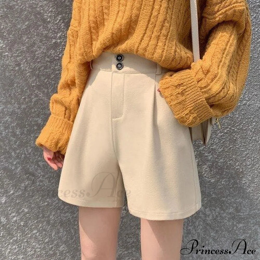 Solid Wide Leg Woolen Shorts