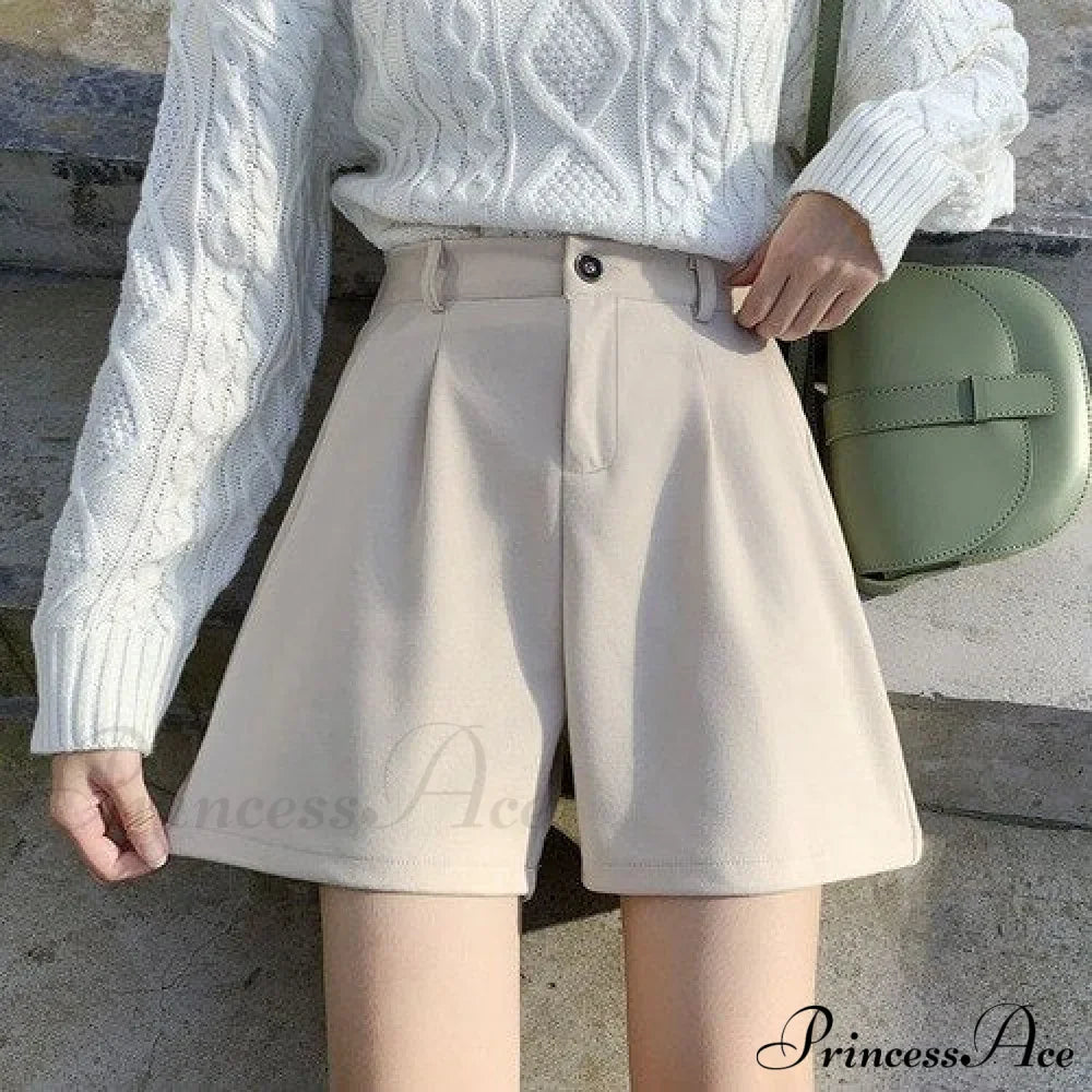 Solid Wide Leg Woolen Shorts