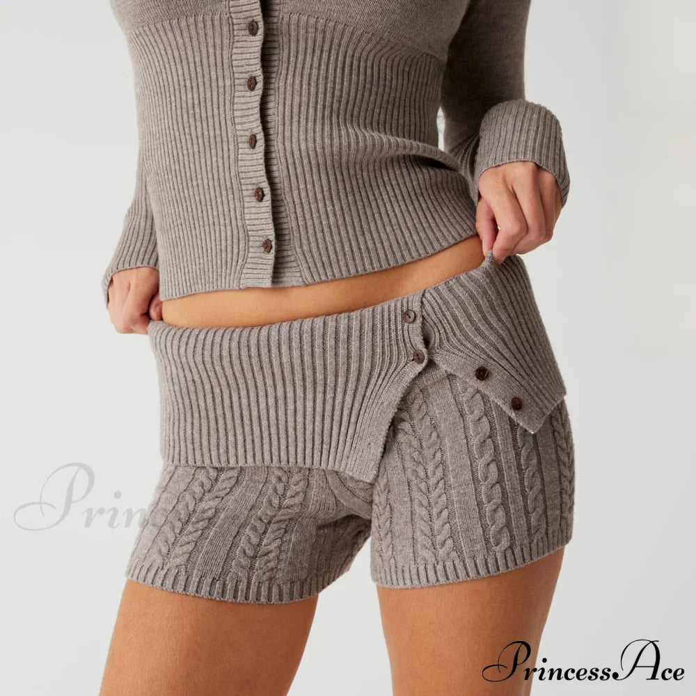 Summer Pajama Solid Color Button Cuff Cable Knit Lounge Bottoms Short