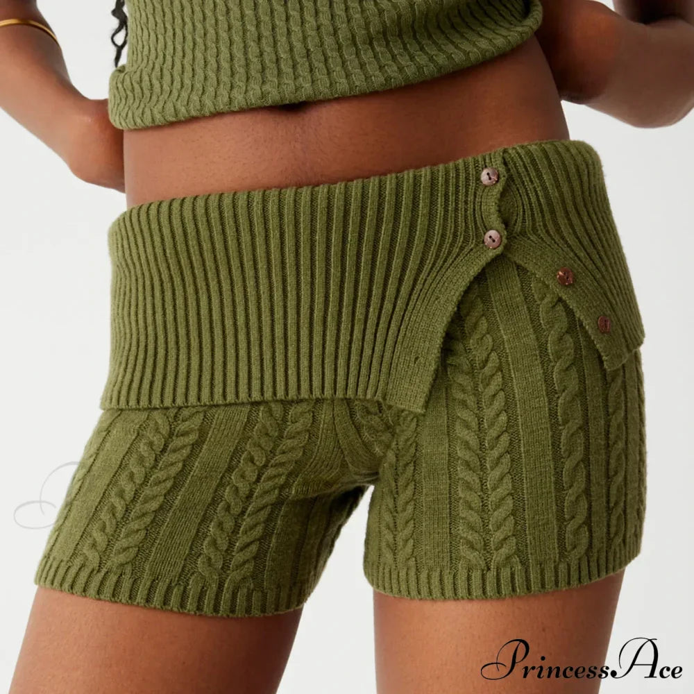 Summer Pajama Solid Color Button Cuff Cable Knit Lounge Bottoms Short