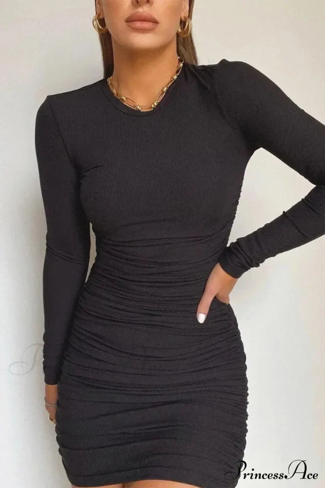 Autumn Winter Elegant Solid Long Sleeve Mini Bodycon Dress