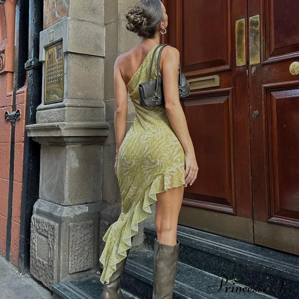 Glittering Printed Ruffled Backless One Shoulder Asymmetric Midi Dress