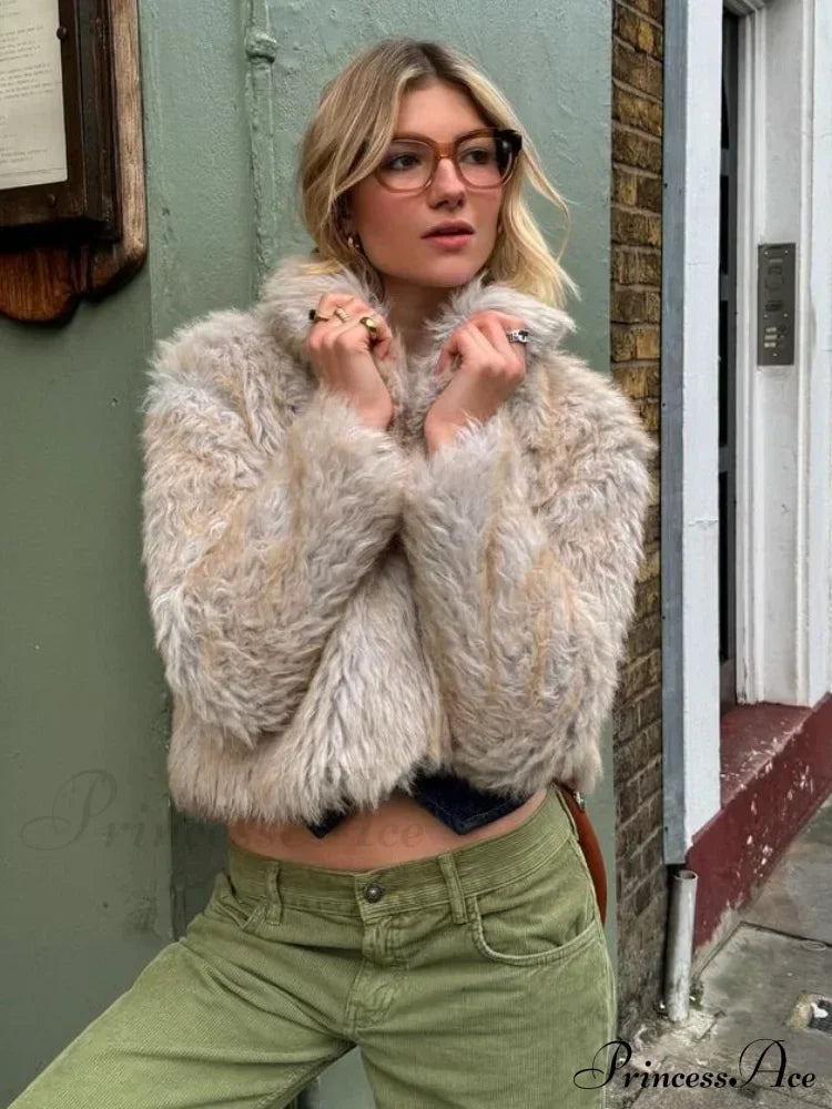 Warm Solid Faux Fur Elegant Stand Collar Long Sleeves Cozy Coat