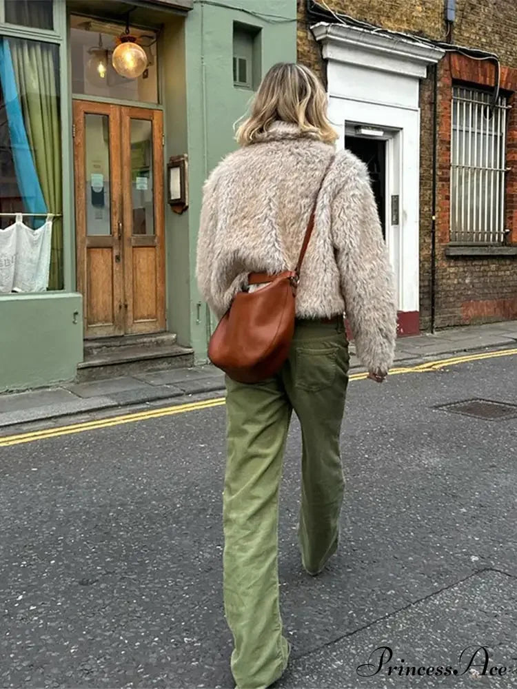 Warm Solid Faux Fur Elegant Stand Collar Long Sleeves Cozy Coat