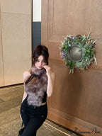 Faux Fur High Collar Sleeveless Trendy Camisole Tank Top With Bow