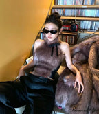 Faux Fur High Collar Sleeveless Trendy Camisole Tank Top With Bow