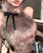 Faux Fur High Collar Sleeveless Trendy Camisole Tank Top With Bow