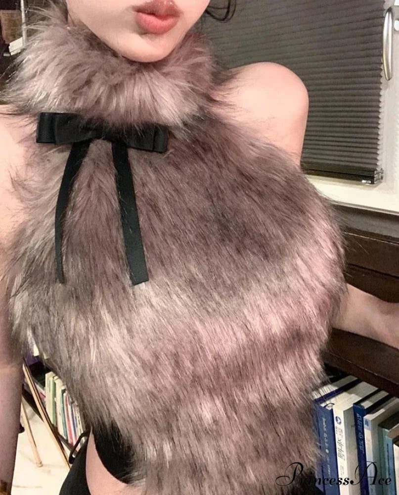Faux Fur High Collar Sleeveless Trendy Camisole Tank Top With Bow