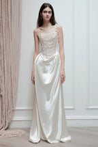 Strapless Satin Heavy Pearl Prom Dress