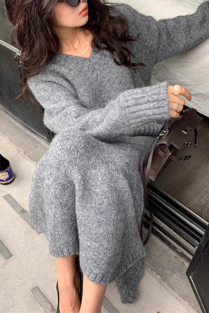 Lazy V-Neck Knit Sweater Mermaid Skirt Two Piece Set