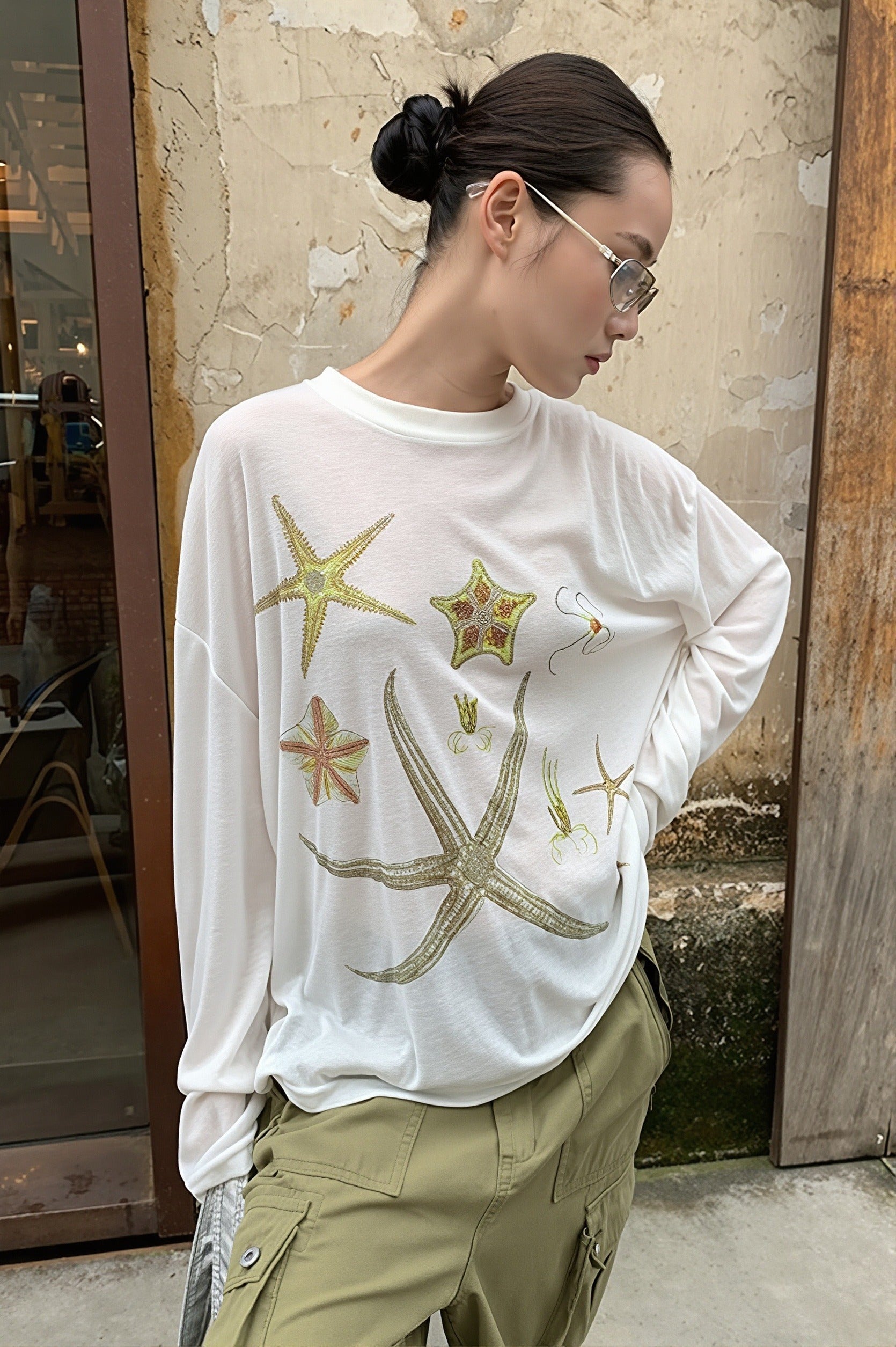 Casual Starfish Sheer Long Sleeve T-Shirt