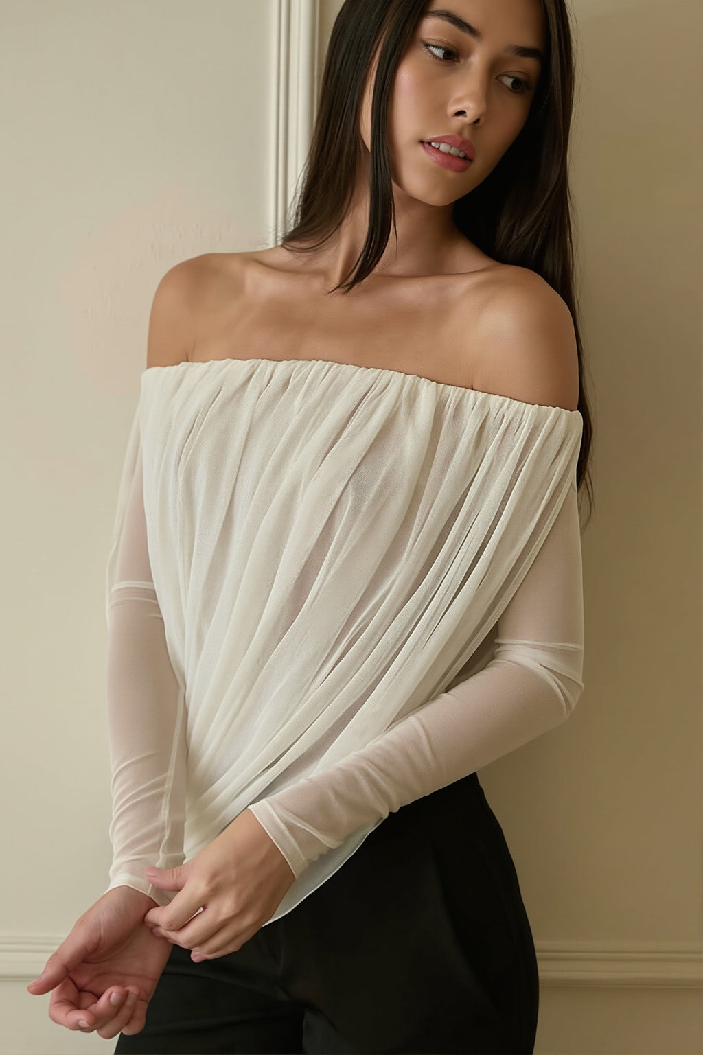 Off Shoulder Long Sleeve Ruched Strapless Blouse