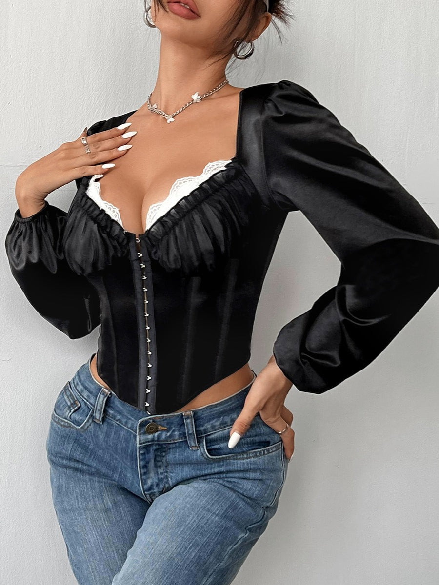 Vintage Lace And Mesh Corset Long Sleeve Blouse