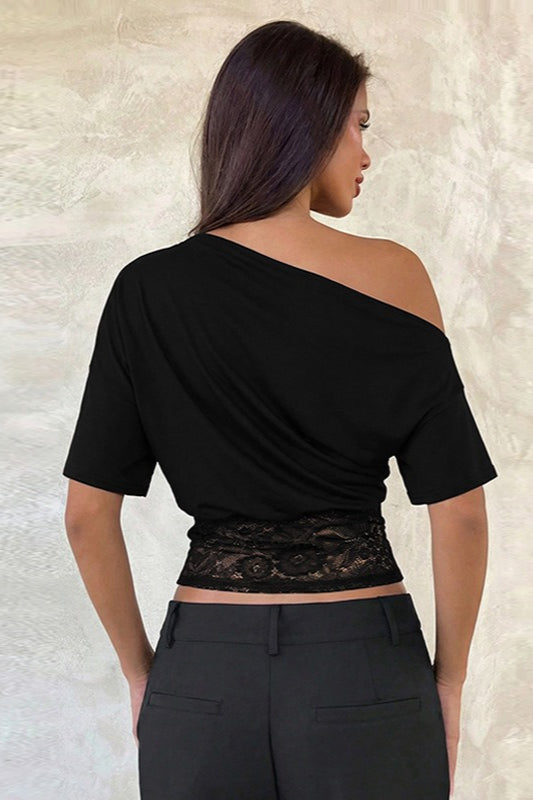 Asymmetric Off Shoulder Lace Waist Slim Crop T-Shirt