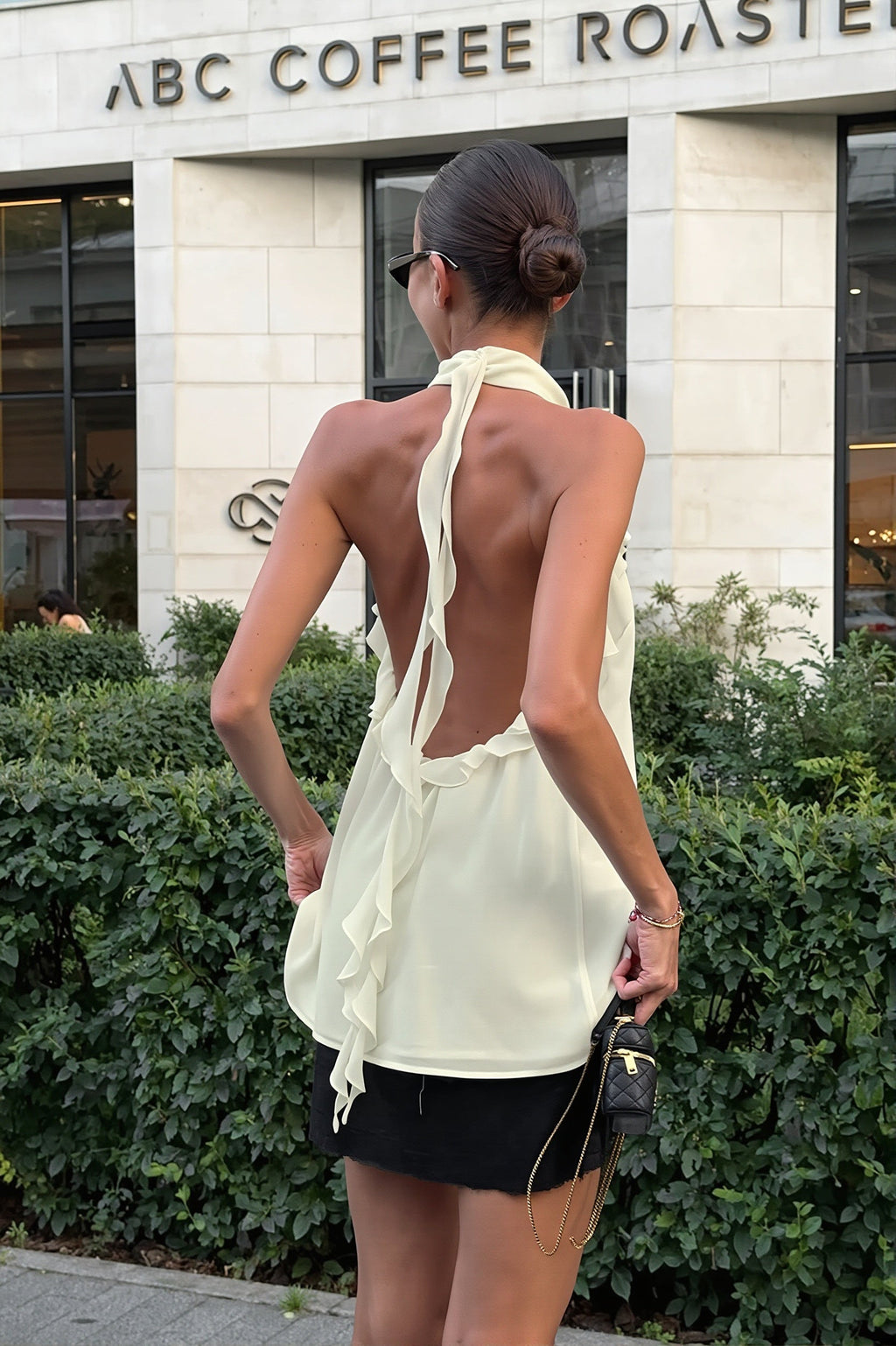 Chiffon Ruffle Halter Tie Back Sleeveless Top