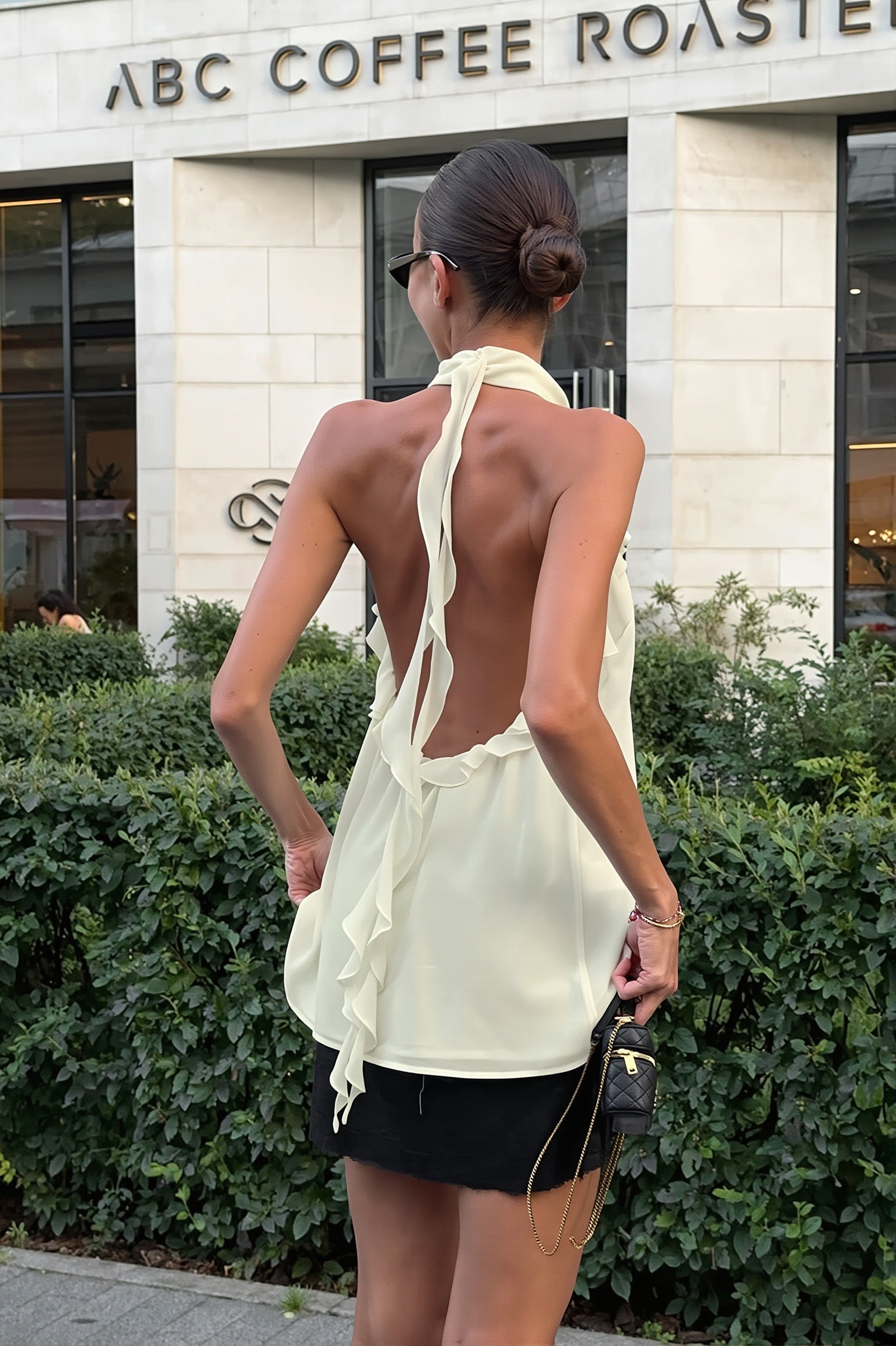 Chiffon Ruffle Halter Tie Back Sleeveless Top