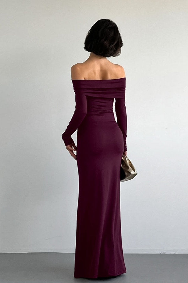 Vintage Solid Off-The-Shoulder Bodycon Maxi Dress