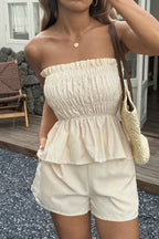 Casual Minimalist Stripe Tube Ruffle Shorts Two Piece Set