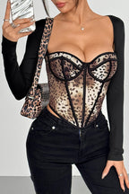 Leopard Mesh See-Through Bustier Blouse
