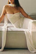 Strapless Flowy Ribbon Slim Waist Maxi Dress
