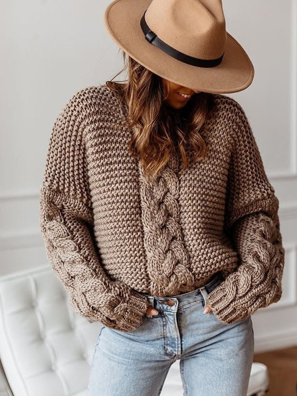 Casual Solid Color V-Neck Cable Knit Sweater
